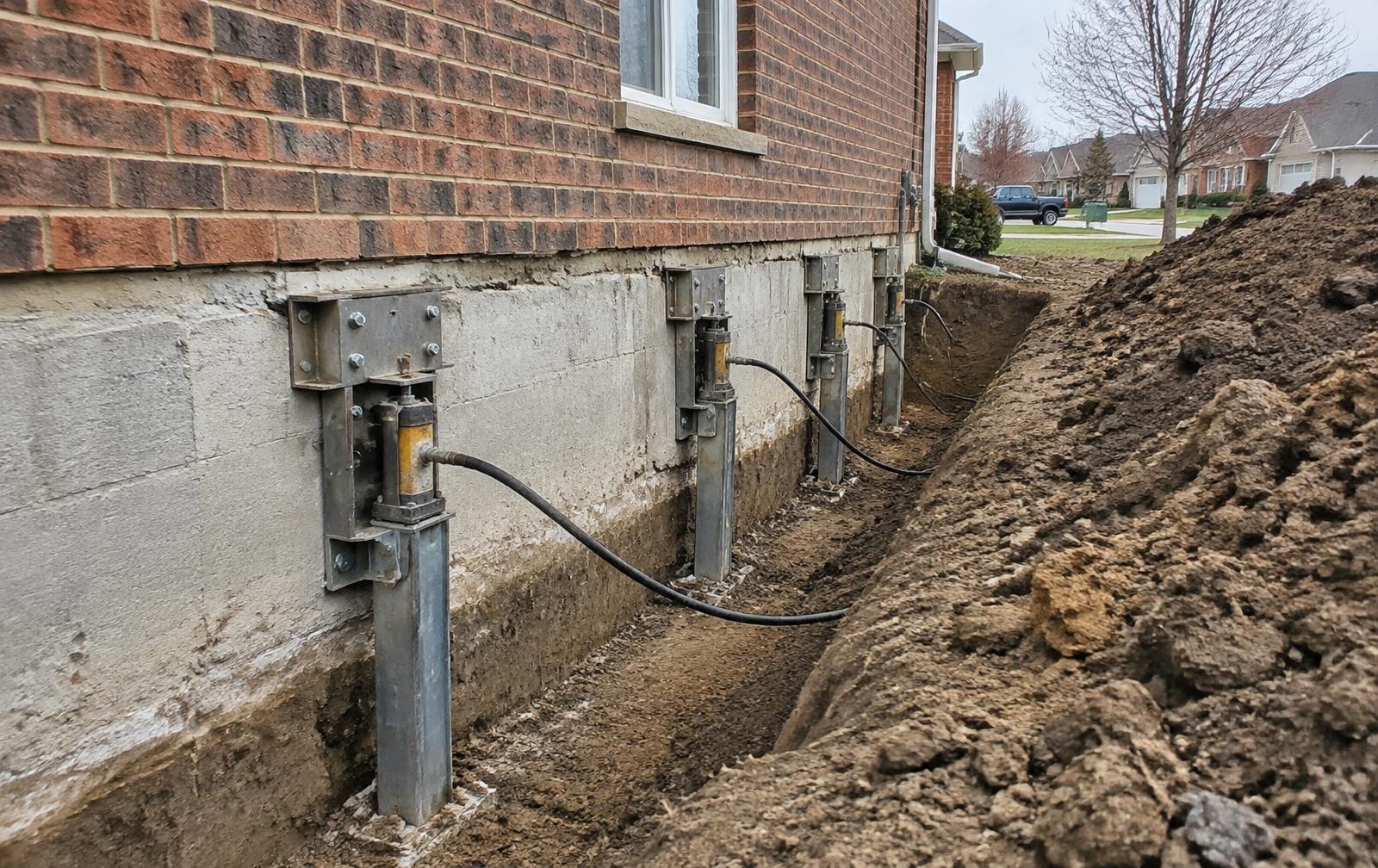 Steel piers installed along a residential foundation wall
